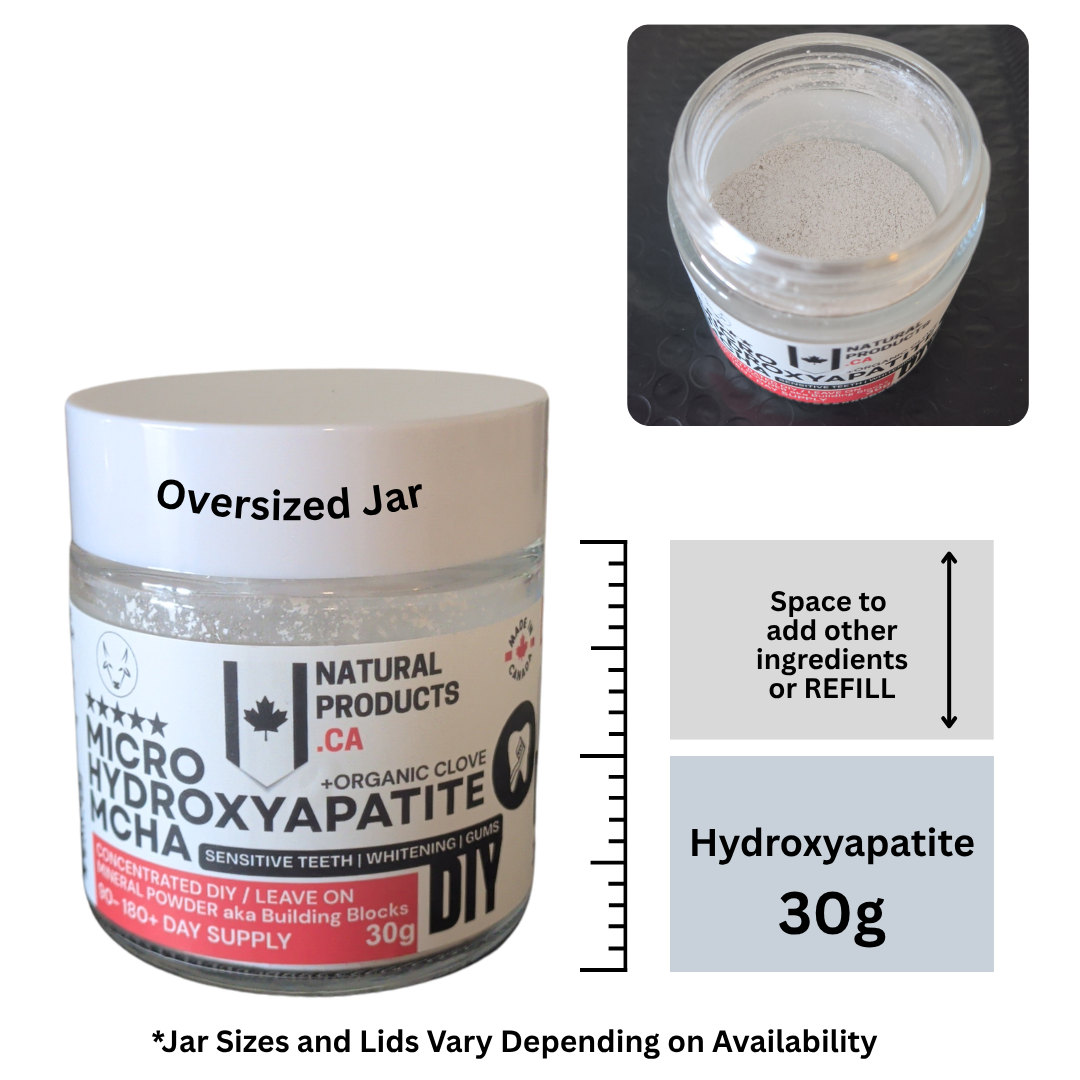 photo of oversized glass jar containing MCHA hydroxyapatite from NaturalProducts.ca showing oversized jar to use to enhance or top up with other ingredients. 