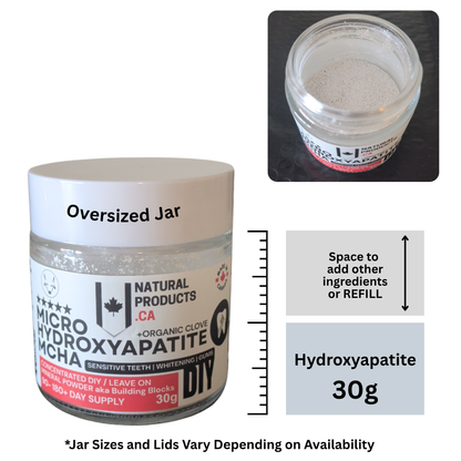 photo of oversized glass jar containing MCHA hydroxyapatite from NaturalProducts.ca showing oversized jar to use to enhance or top up with other ingredients. 