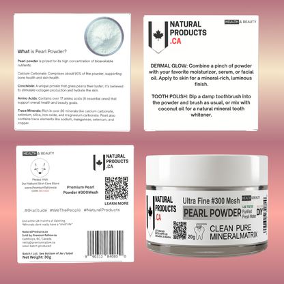 Amazon image of Pearl Powder by NaturalProducts.ca lab safe food grade minerals. 