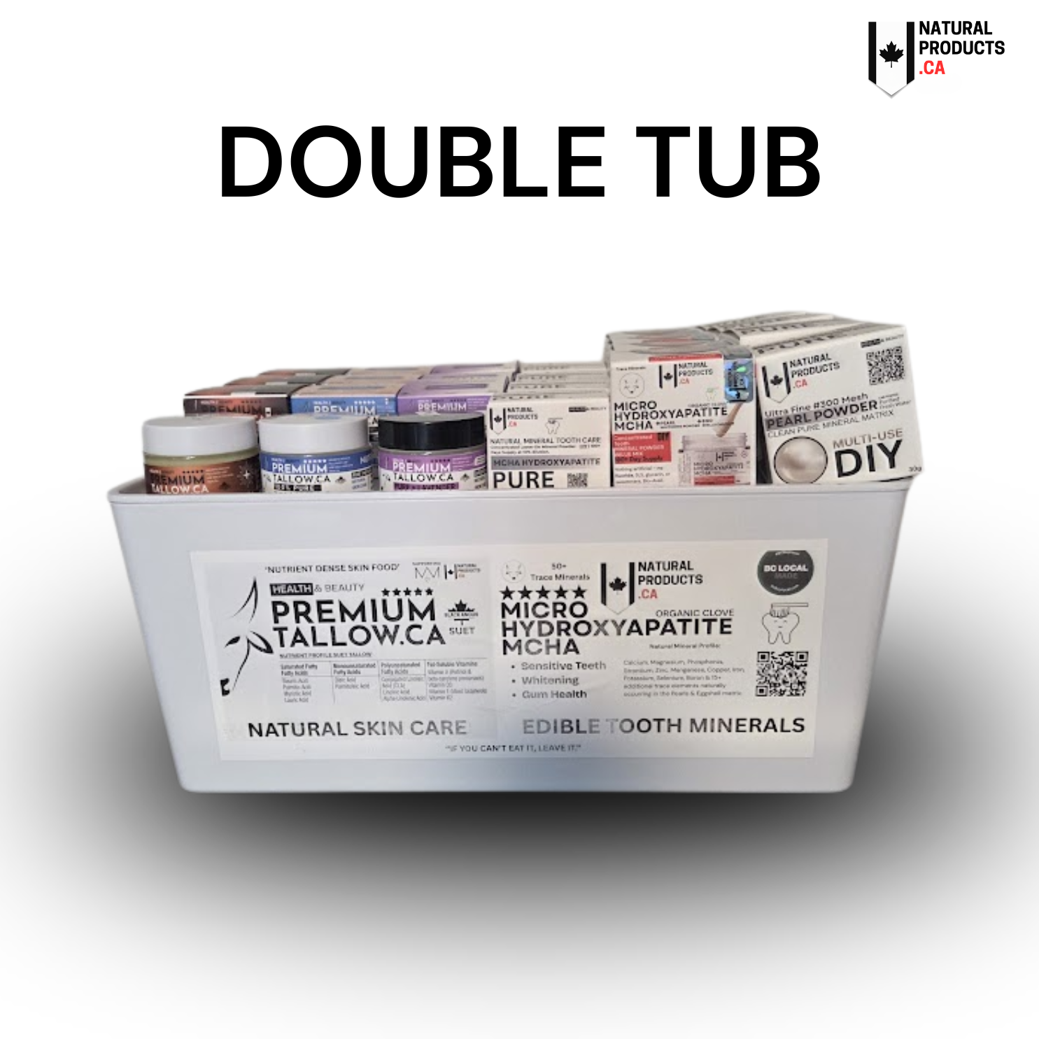 Collection of natural products suet tallow and hydroxyapatite in a double tub packaging with visible branding on a white background for canadian retailers 