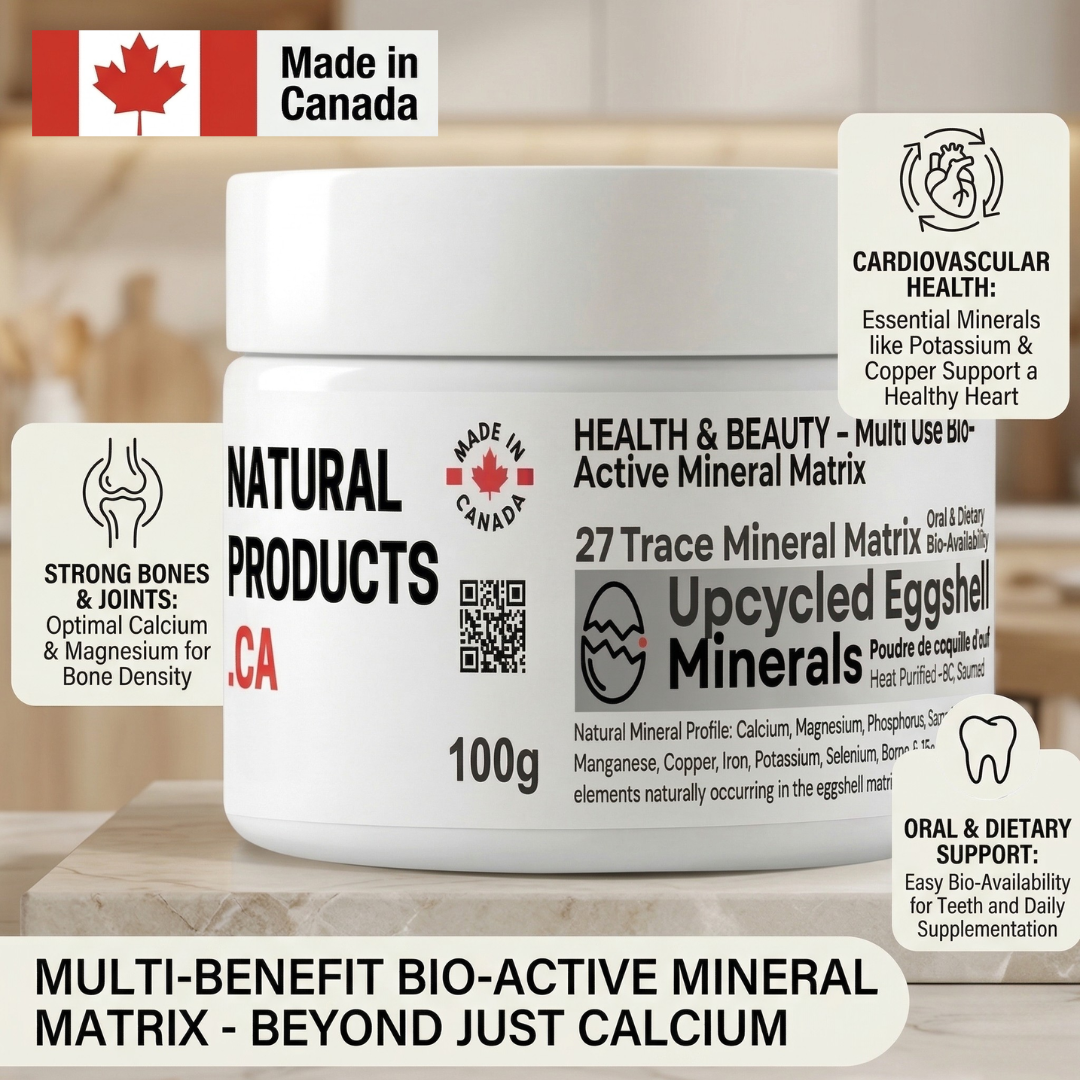 jar of Natural Products Canada Upcycled Eggshell Minerals (100g) featuring a 27 Trace Mineral Matrix for bone, tooth, and cardiovascular support. Product is labeled "Made in Canada" and highlights bio-active, whole-food calcium