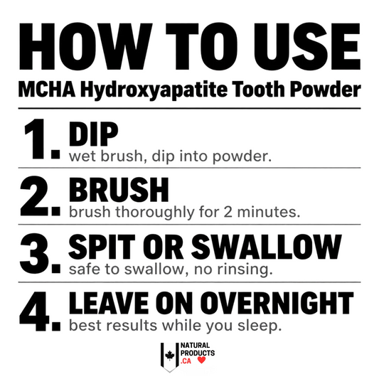 image of how to use hydroxyapatite mcha by naturalproducts.ca dip, brush, spit or swallow minerals leave on overnight for best results. 