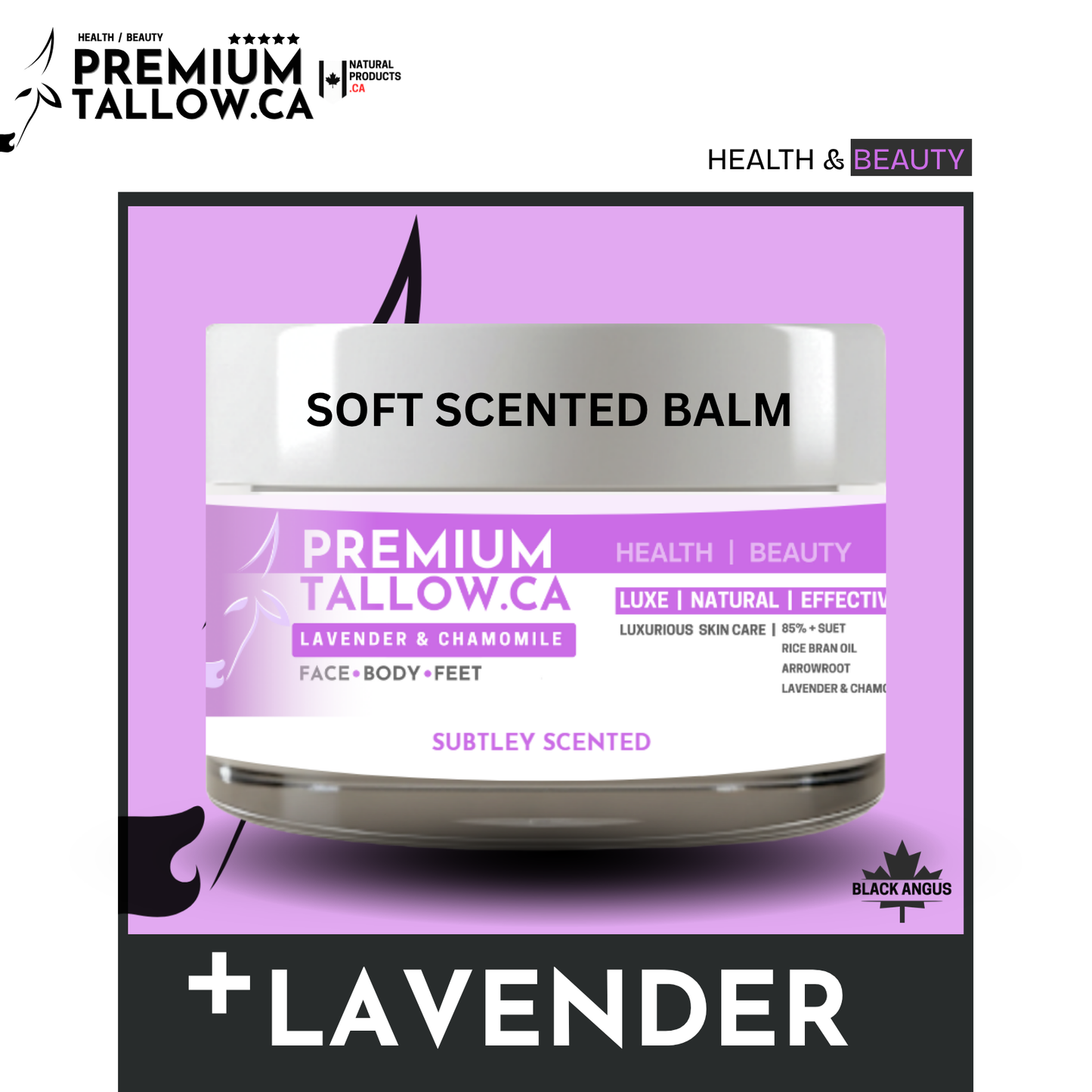 Jar of soft scented balm with 'Premium Tallow.ca' branding on a purple background