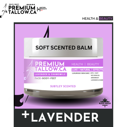 Jar of soft scented balm with 'Premium Tallow.ca' branding on a purple background