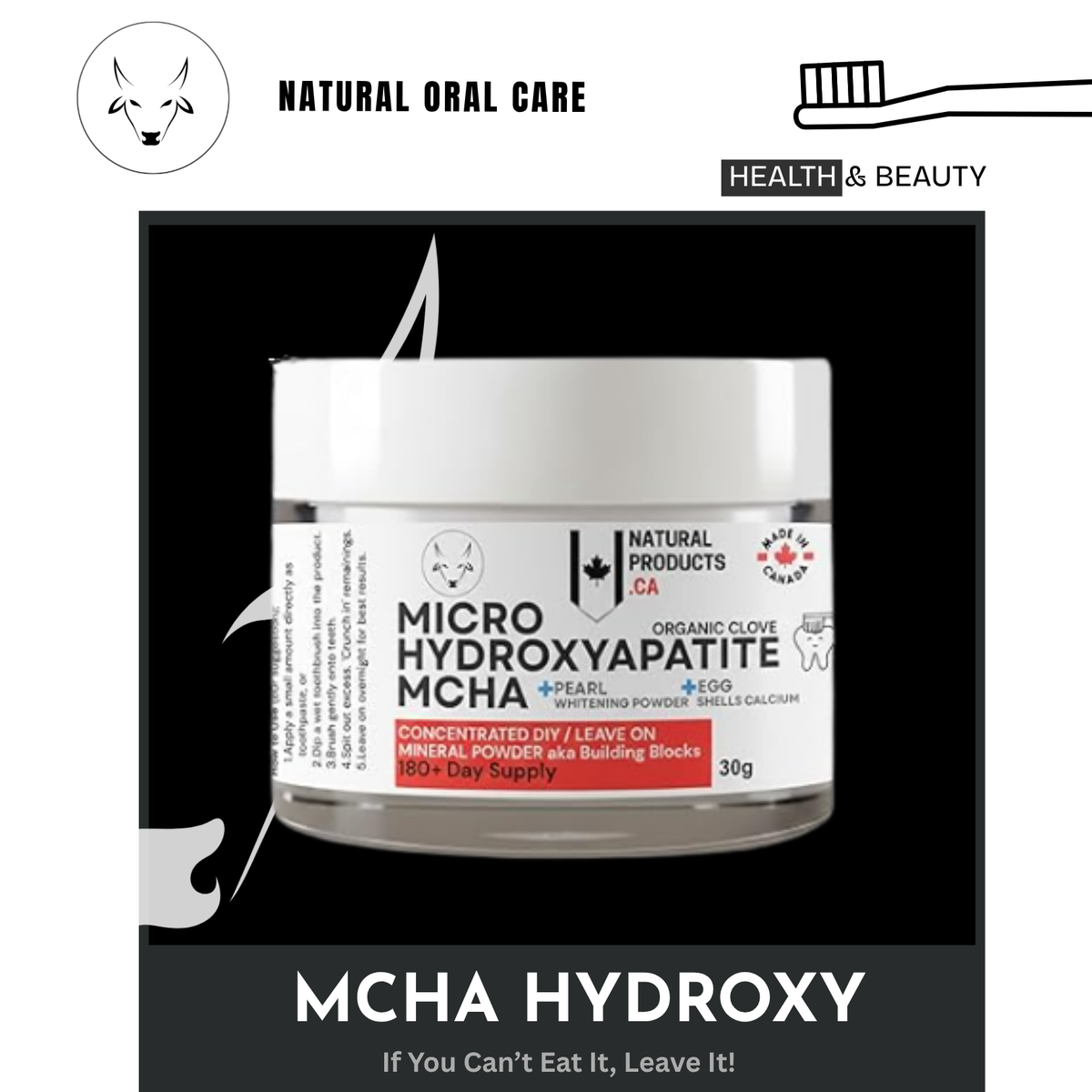 Jar of MCHA Hydroxy dental product with branding and text on a black background