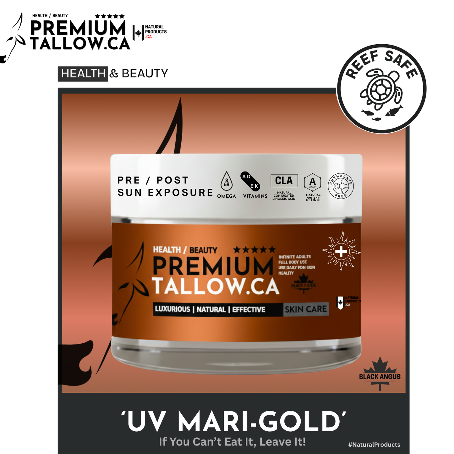 Jar of Premium Tallow UV Mari-Gold skin care product with branding and 'Reef Safe' label.