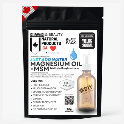 image of magnesium 50g pouch for dilution in water to make magnesium oil with MSM. Made in Canada by naturalproducts.ca 