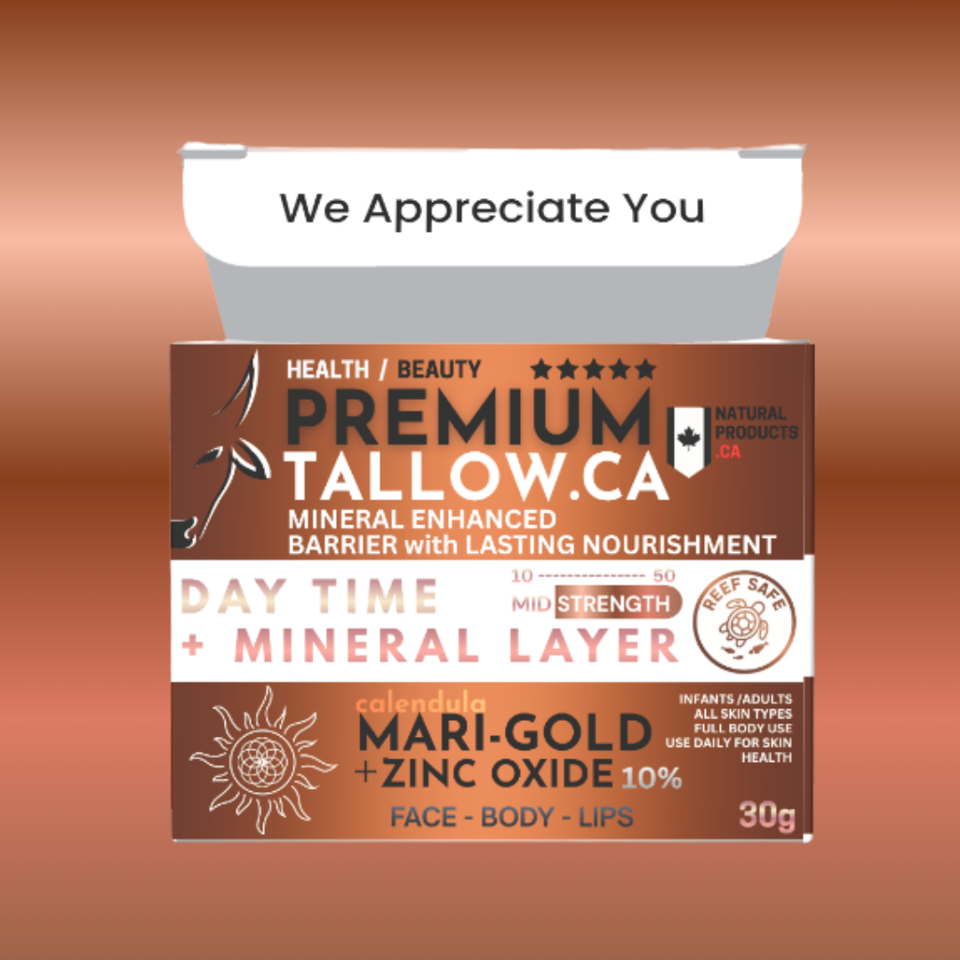 Box of PremiumTallow.ca Mari-Gold Canada's edible sunscreen 2026. 