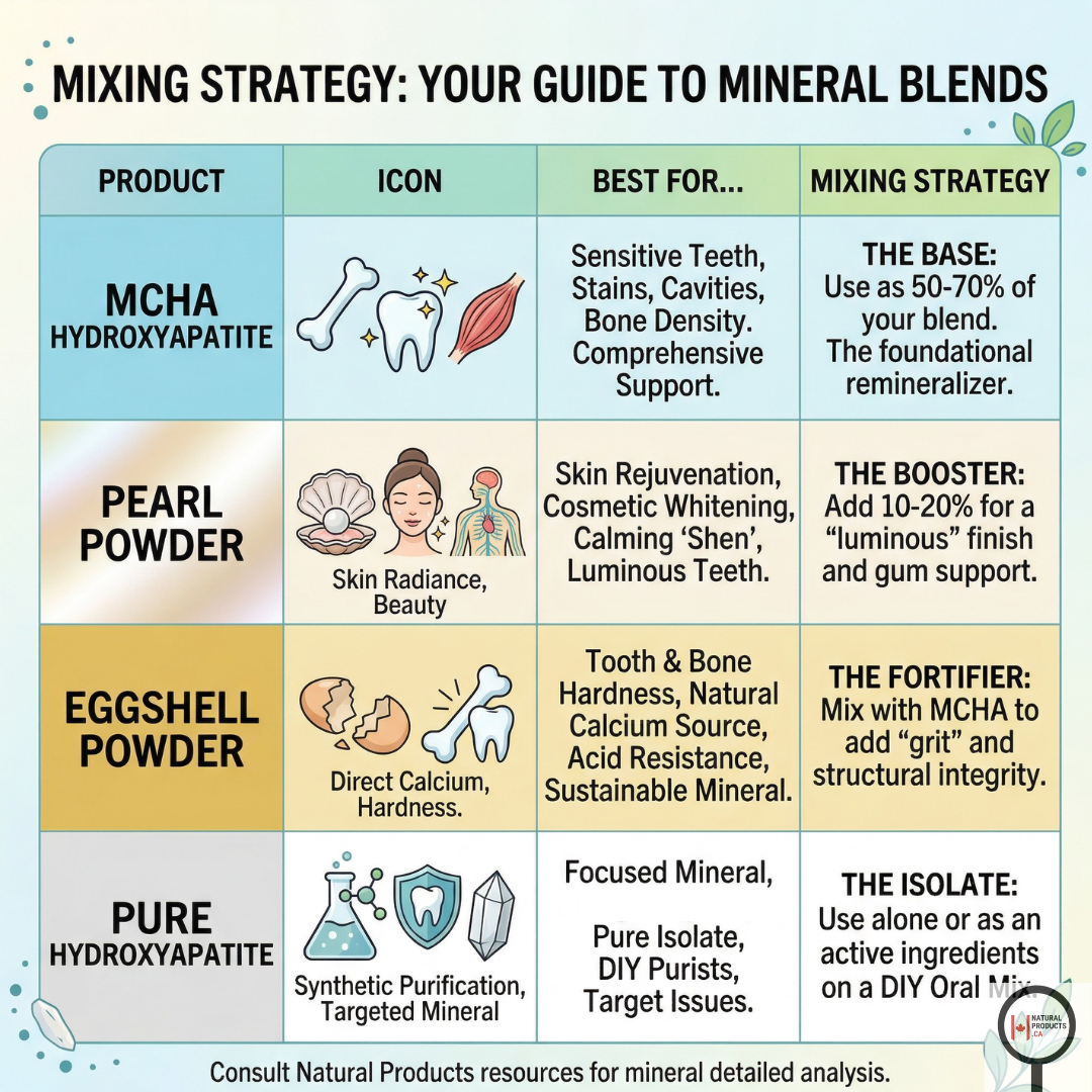 Chart detailing mixing strategies for mineral blends including MCHA Hydroxyapatite, Pearl Powder, Eggshell Powder, and Pure Hydroxyapatite.