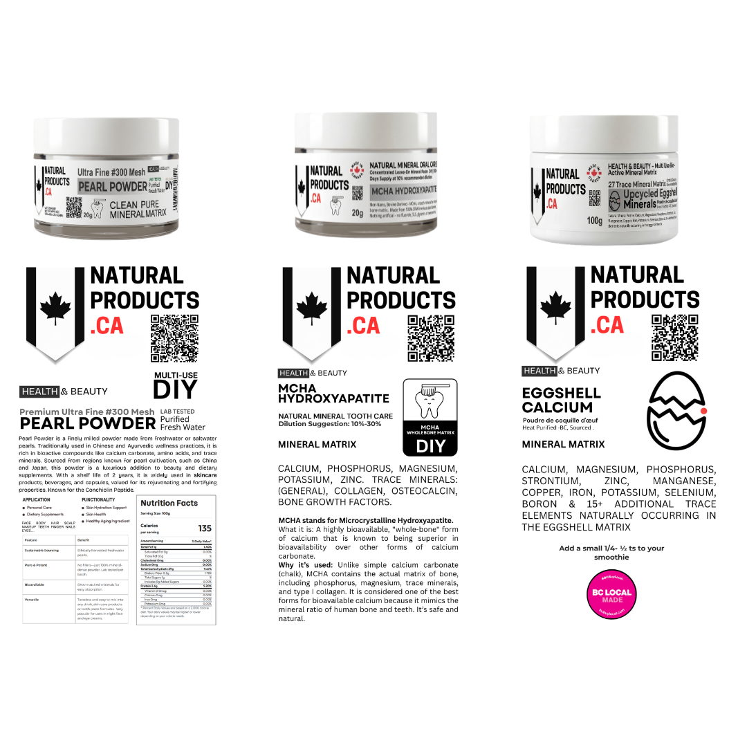 Three jars of Pearl powder eggshell calcium and hydroxyapatite Natural Products CA powder on a white background with product labels.