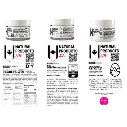 Three jars of Pearl powder eggshell calcium and hydroxyapatite Natural Products CA powder on a white background with product labels.