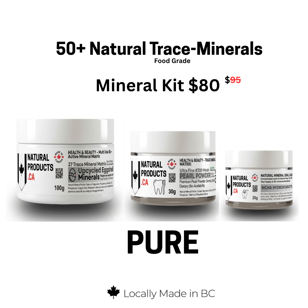 Three jars of natural products with labels on a white background, featuring text about natural trace minerals and pricing hydroxyapatite pearl powder eggshell calcium made in canada 