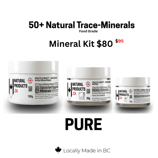 Three jars of natural products with labels on a white background, featuring text about natural trace minerals and pricing hydroxyapatite pearl powder eggshell calcium made in canada 
