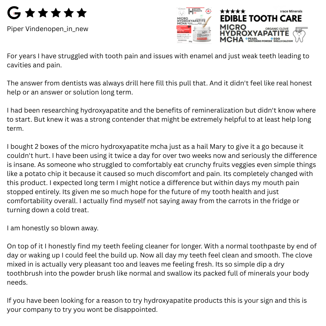 A text-based informational page with a star rating, the title 'Edible Tooth Care Micro Hydroxyapatite MCHA,' a product box illustration, and several paragraphs of explanatory copy about tooth pain relief and dental treatment.
