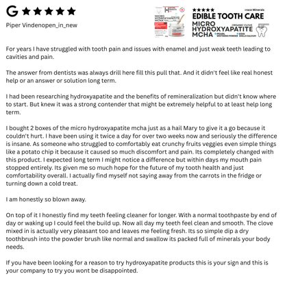 A text-based informational page with a star rating, the title 'Edible Tooth Care Micro Hydroxyapatite MCHA,' a product box illustration, and several paragraphs of explanatory copy about tooth pain relief and dental treatment.