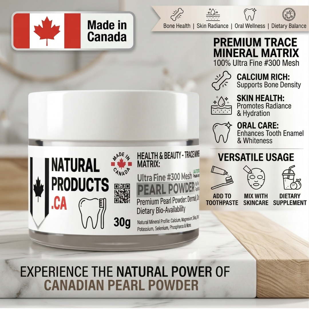 Infographic for Natural Products Canada Pure Freshwater Pearl Powder (30g) labeled "Made in Canada." Text highlights a Premium Trace Mineral Matrix with 100% Ultra Fine #300 Mesh for bone health, skin radiance, and oral wellness. Icons show versatile usage for adding to toothpaste, mixing with skincare, or as a dietary supplement