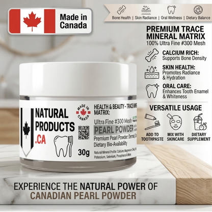 Infographic for Natural Products Canada Pure Freshwater Pearl Powder (30g) labeled "Made in Canada." Text highlights a Premium Trace Mineral Matrix with 100% Ultra Fine #300 Mesh for bone health, skin radiance, and oral wellness. Icons show versatile usage for adding to toothpaste, mixing with skincare, or as a dietary supplement