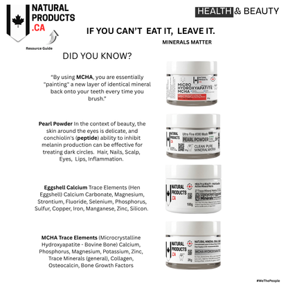 Advertisement for Natural Products featuring health and beauty products with text about minerals and their benefits. Trace Minerals Hydroxyapatite, pearl powder