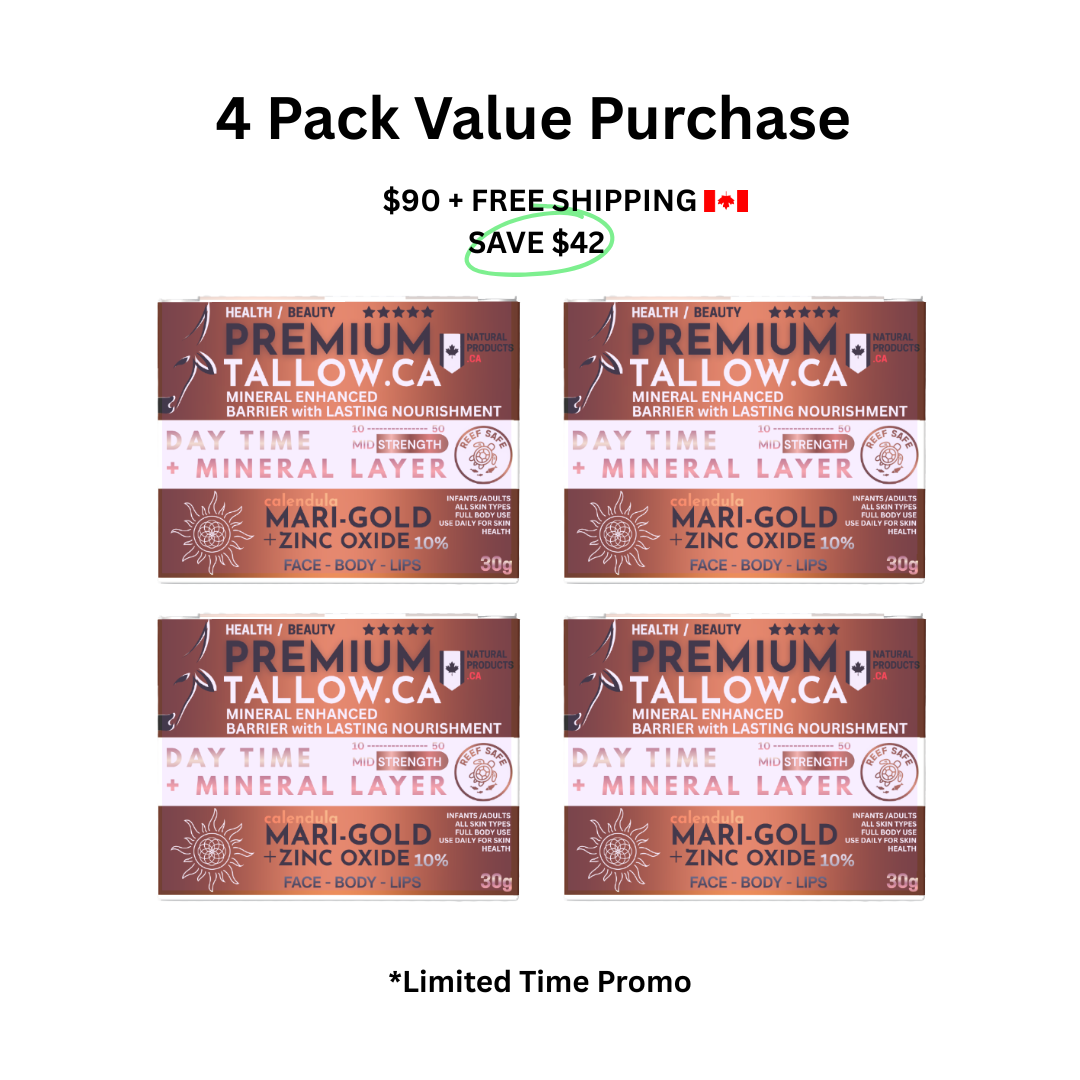Image of wholesale family bundle of 4 30gram with free shipping Canada wide. Made by PremiumTallow.ca in Kamloops BC Canada. Natural Zinc Oxide, Suet Tallow, Calendula Flowers and Olive Oil. 
