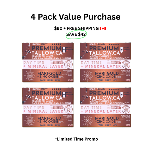 Image of wholesale family bundle of 4 30gram with free shipping Canada wide. Made by PremiumTallow.ca in Kamloops BC Canada. Natural Zinc Oxide, Suet Tallow, Calendula Flowers and Olive Oil. 
