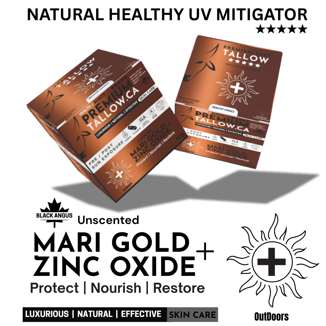 Mari Gold Zinc Oxide Tallow Sunscreen by Premium Tallow. Natural UV Mitigator for outdoor protection, featuring grass-fed Black Angus suet. Unscented, baby-safe, and eczema-friendly mineral sun care made in Canada.