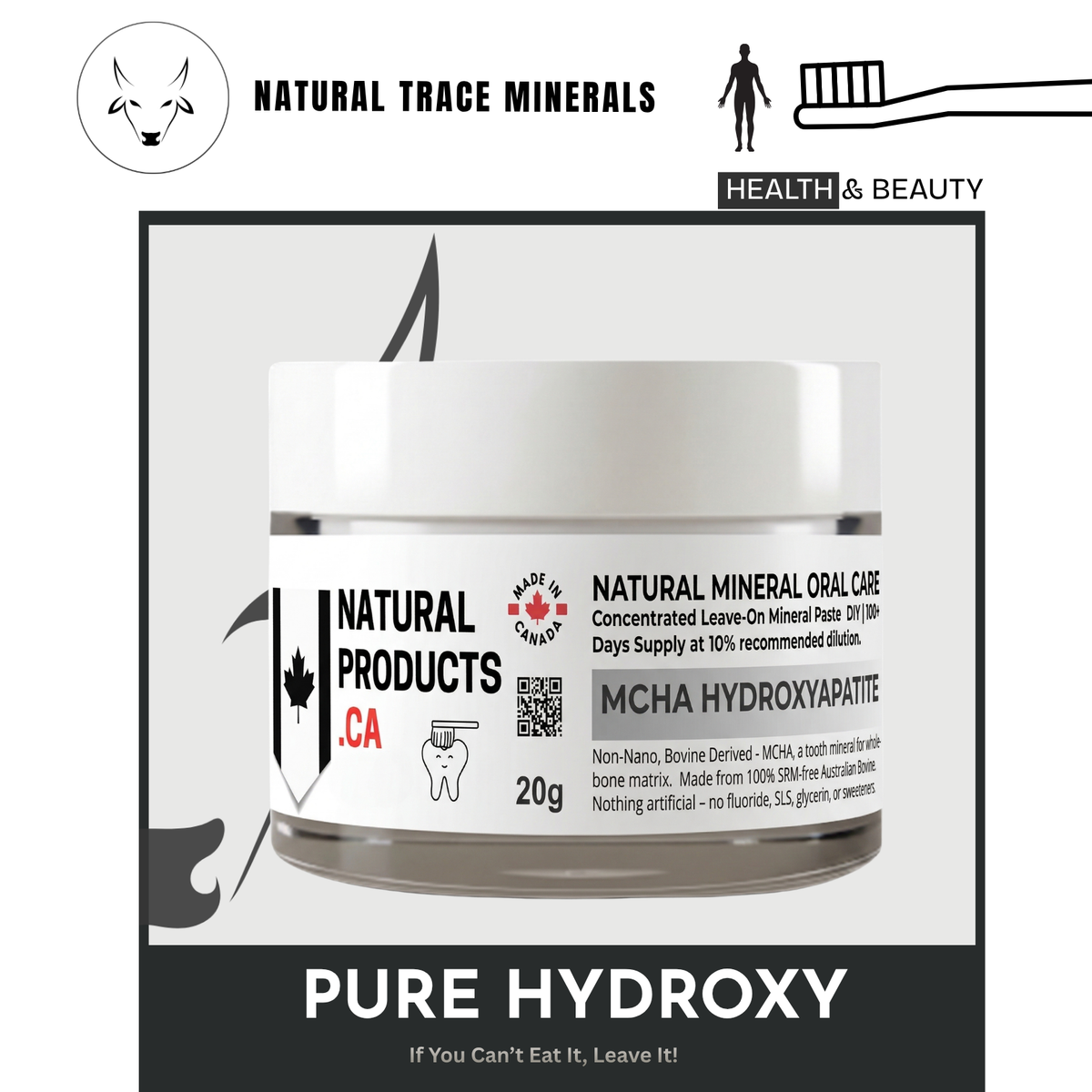 Jar of Natural Products dental hydroxyapatite powder with branding and product details on a white background