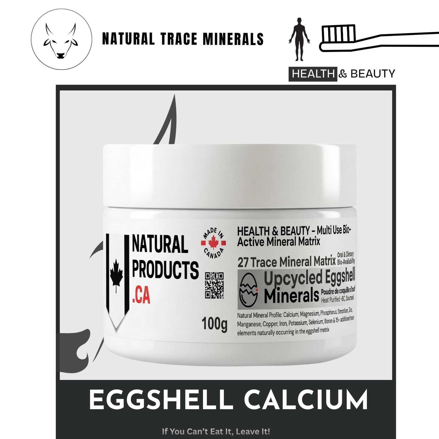 Jar of 'Eggshell Calcium' with branding and product details on a white background. Premiumtallow.ca