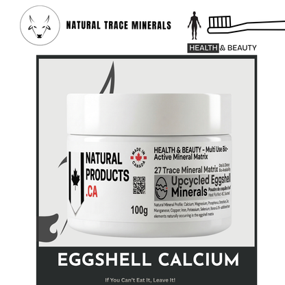 Jar of 'Eggshell Calcium' with branding and product details on a white background. Premiumtallow.ca