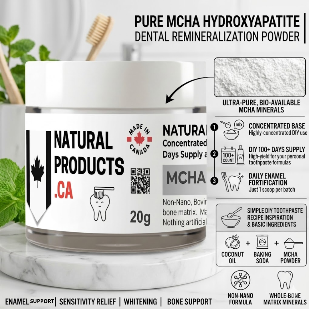 Infographic for Natural Products Canada PURE MCHA Hydroxyapatite (20g) Dental Remineralization Powder. Features "Made in Canada" branding and highlights its use as a concentrated base for DIY toothpaste. Key benefits include enamel support, sensitivity relief, and whitening using non-nano, whole-bone matrix minerals from Australian bovine cattle.