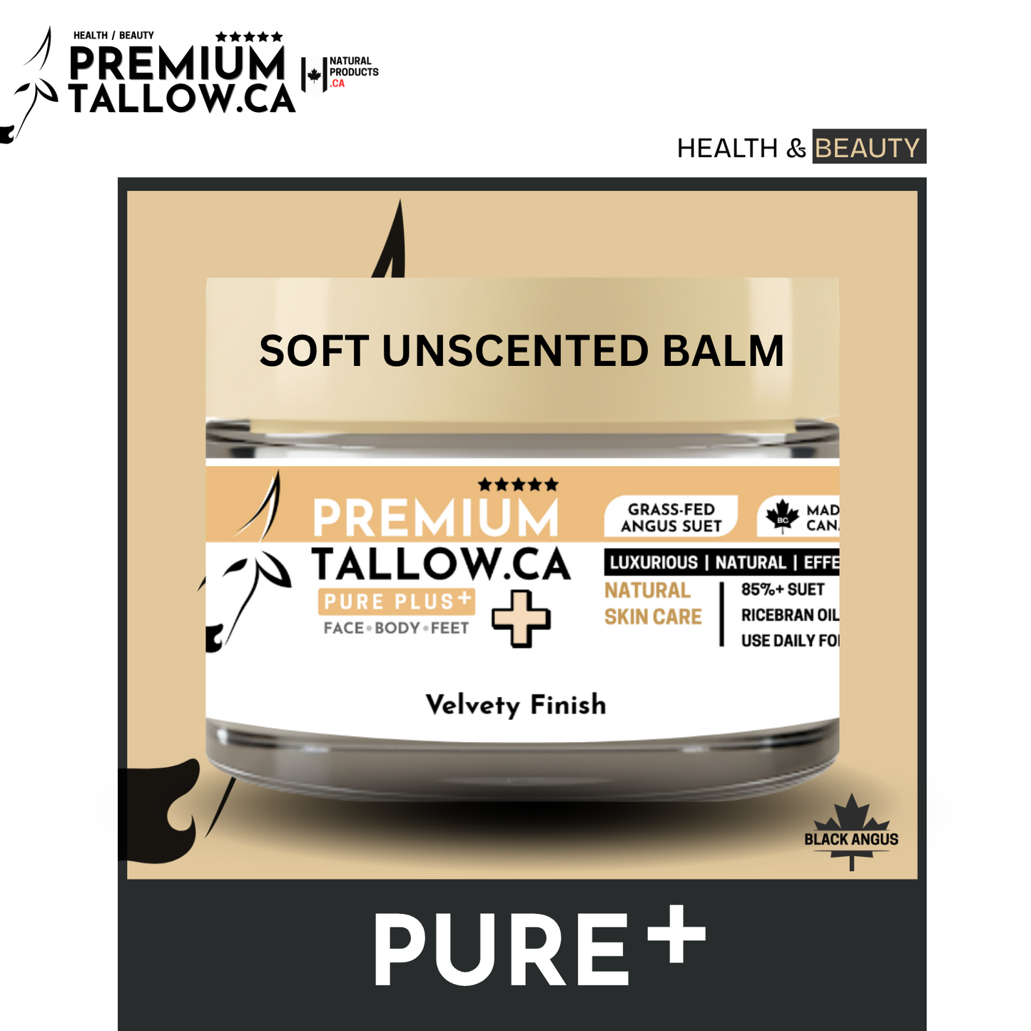 Jar of PremiumTallow.CA soft unscented balm with branding and product details on a beige background.