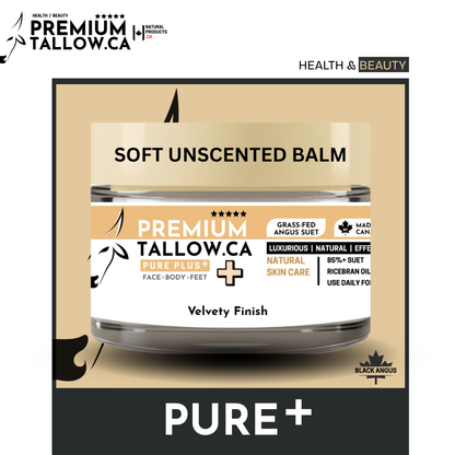 Jar of PremiumTallow.CA soft unscented balm with branding and product details on a beige background.