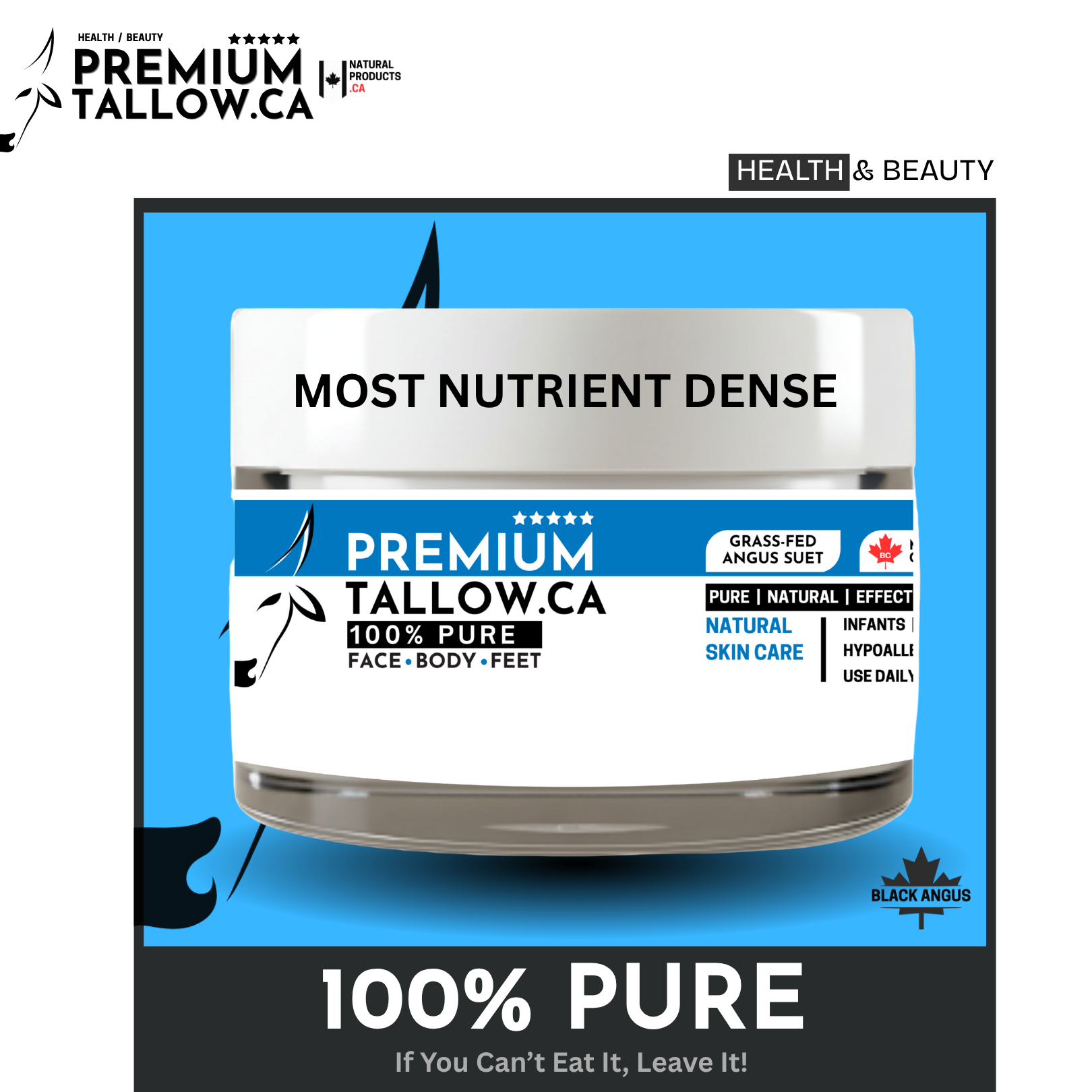 Jar of Premium Tallow on a blue and black background with branding and product details.