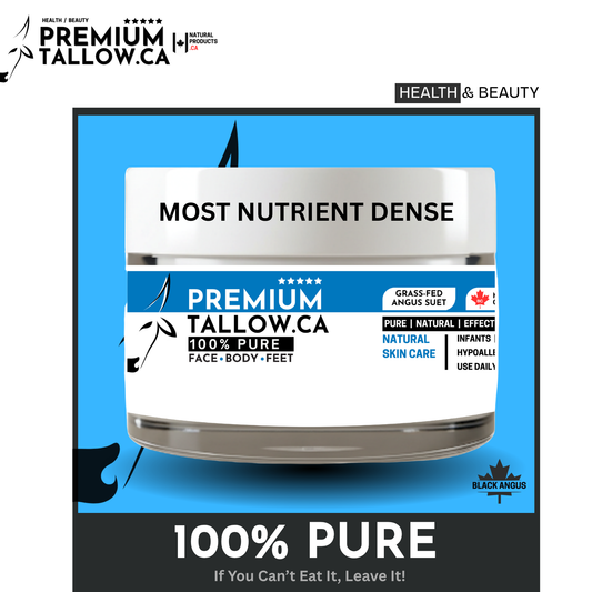 Jar of Premium Tallow on a blue and black background with branding and product details.