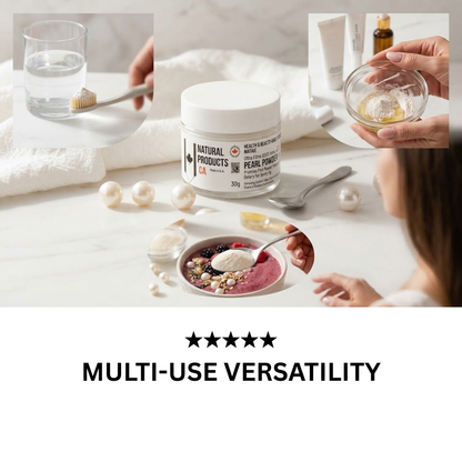 Infographic showing the multi-use versatility of Natural Products Canada Pure Freshwater Pearl Powder. Images demonstrate using the ultra-fine powder for teeth remineralization on a toothbrush, mixing into a yogurt superfood bowl, and blending into skincare or face creams for radiant skin