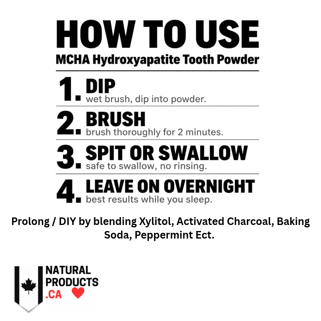 Image of instructions on how to use hydroxypatite mcha. Dip brush wet, brush, spit or swallow minerals, leave on overnight for best results. naturalproducts.ca for amazon, shopify and others in canada