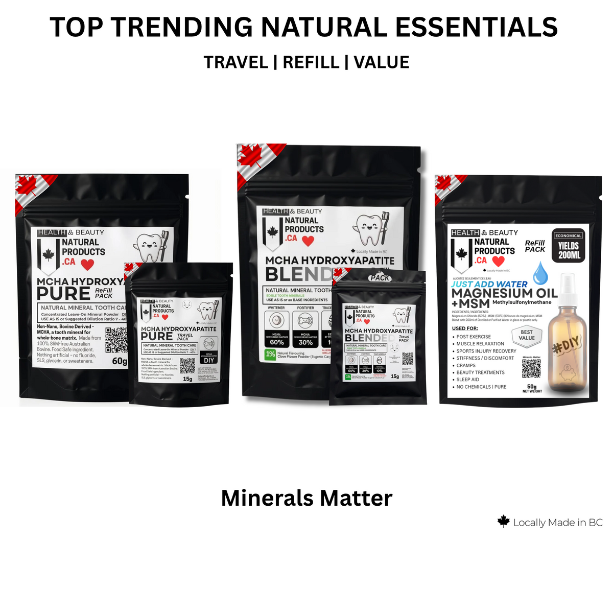 Image of natural products . ca mineral travel and refill puches 15g, 30g, 60g and 100g hydroxyapatite pure and blended. Magnesium Oil and MSM DIY pouch. 
