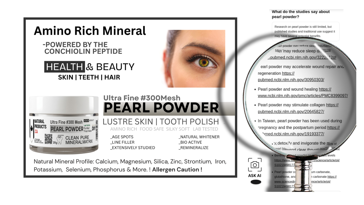 image of pearl powder by naturalproducts.ca showing NCBI NIM HIH gov publications on efficacy. Made in canada 