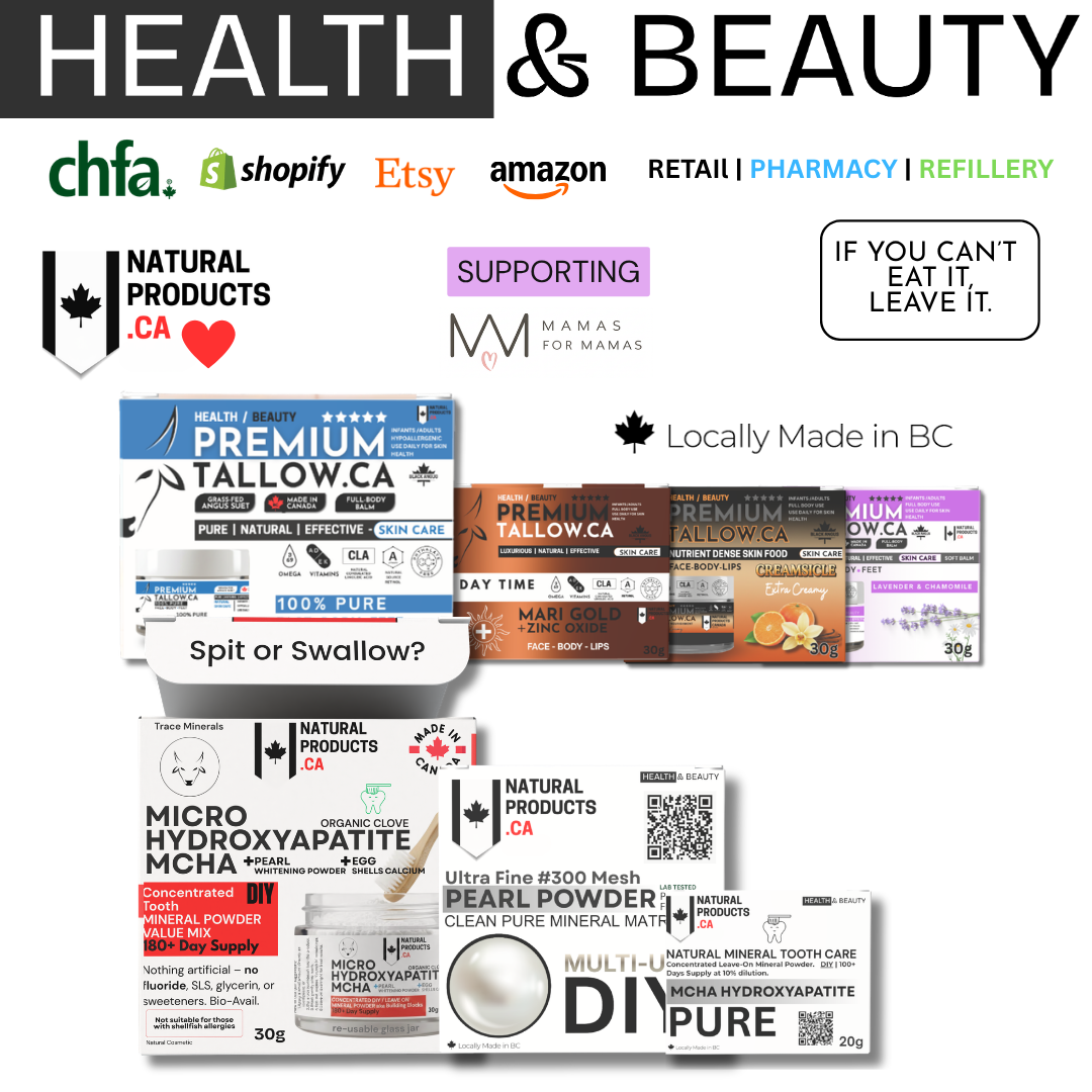 A promotional collage for a bundle of health and beauty products from Natural Products .CA, featuring brands like chfa, Shopify, Etsy, and Amazon listing their premium suet tallow and mcha hydroxyapatite minerals 