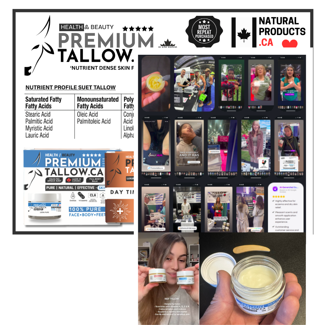 A promotional collage for Premium Tallow face cream, featuring product packaging, ingredient information, social media screenshots, a customer review, and a person holding the open jar. The brand 'Health & Beauty Premium Tallow' is prominently displayed.