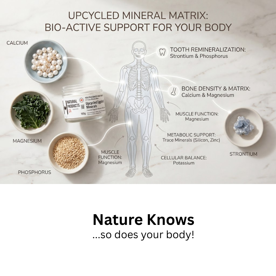 Infographic for Upcycled Eggshell Mineral Matrix showing a human skeleton diagram and whole-food sources like kale and eggshells. Text highlights bio-active support for tooth remineralization (Strontium & Phosphorus), bone density (Calcium & Magnesium), muscle function, and metabolic support with 27 trace minerals.