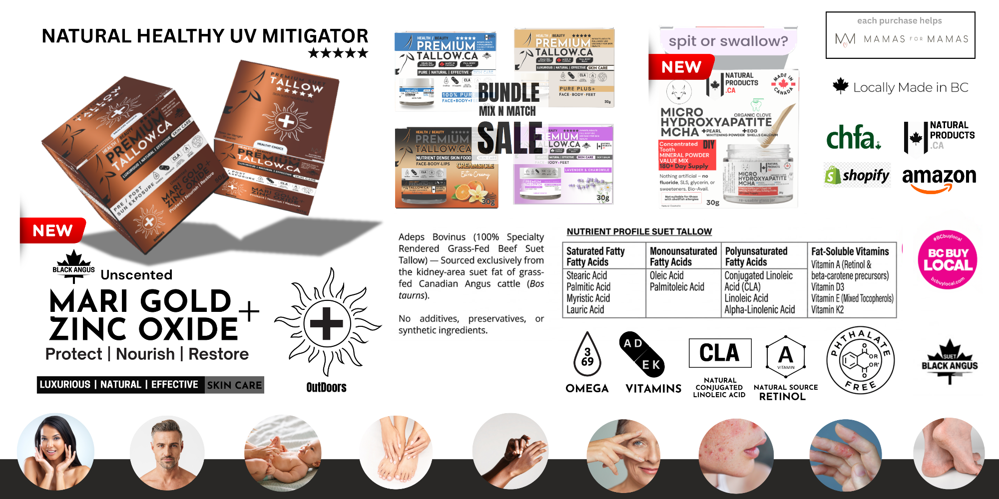 Premium Tallow infographic featuring Mari Gold + Zinc Oxide UV Mitigator and Micro Hydroxyapatite MCHA oral care. Showcases nutrient-dense suet tallow profile, bundle sales, and BC Buy Local certification.