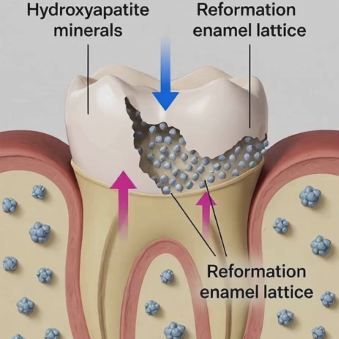 Scientific diagram showing Hydroxyapatite minerals repairing a tooth. Blue arrows demonstrate the reformation of the enamel lattice as MCHA minerals fill in microscopic gaps, while pink arrows show internal tooth support. Visualizes the process of natural enamel remineralization and sensitivity relief.