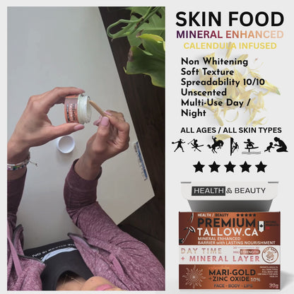 video of model putting on mari-gold premium suet tallow with zinc and calendula petals. Non whitening, easy spread, unscented, made in canada. available amazon, retail, pharmacy supporting the mamasformamas.org. Made in BC, Canada. 