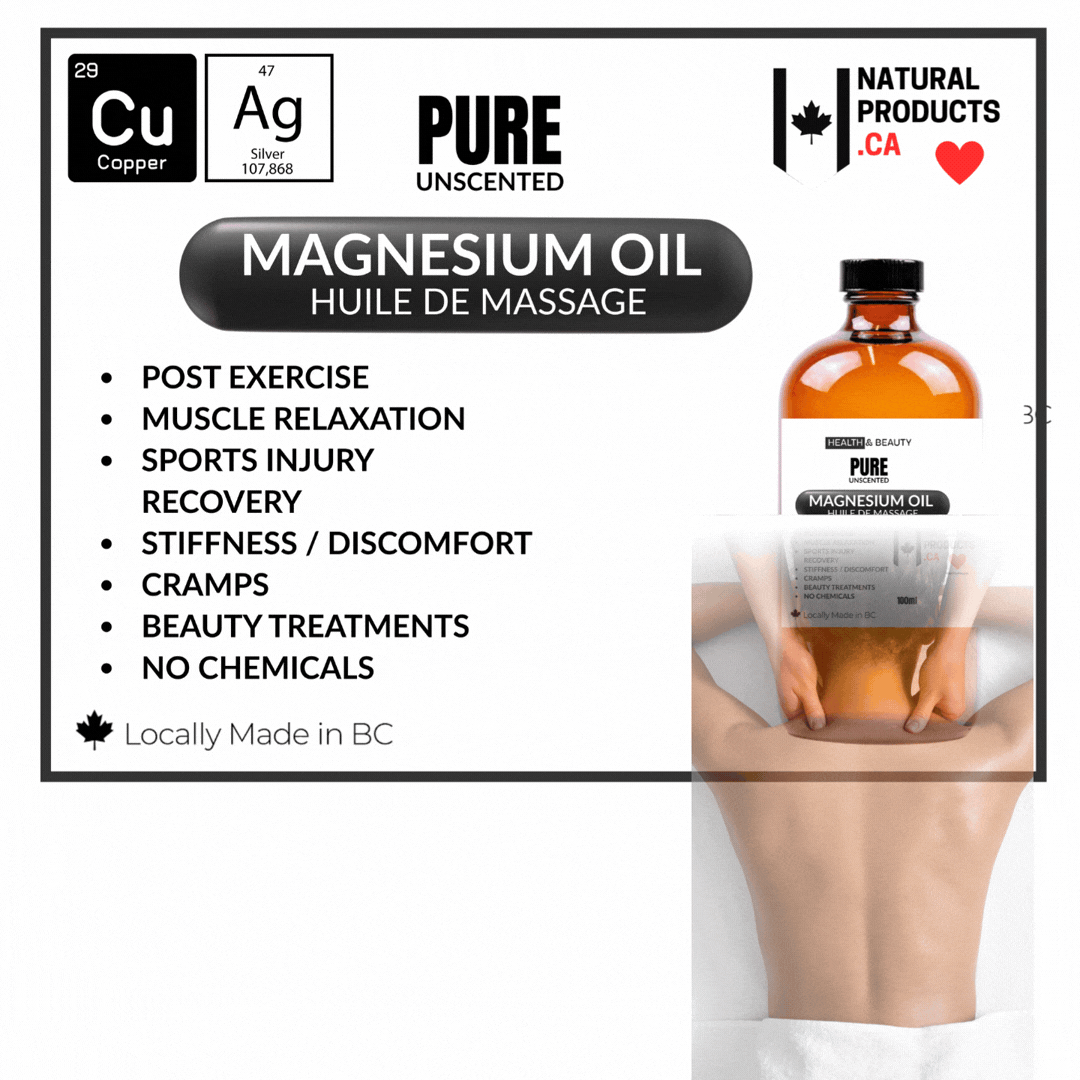 image of magnesium chloride massage oil by naturalproducts.ca showing purity for health and wellness made in bc canada for retail distribution and amazon  